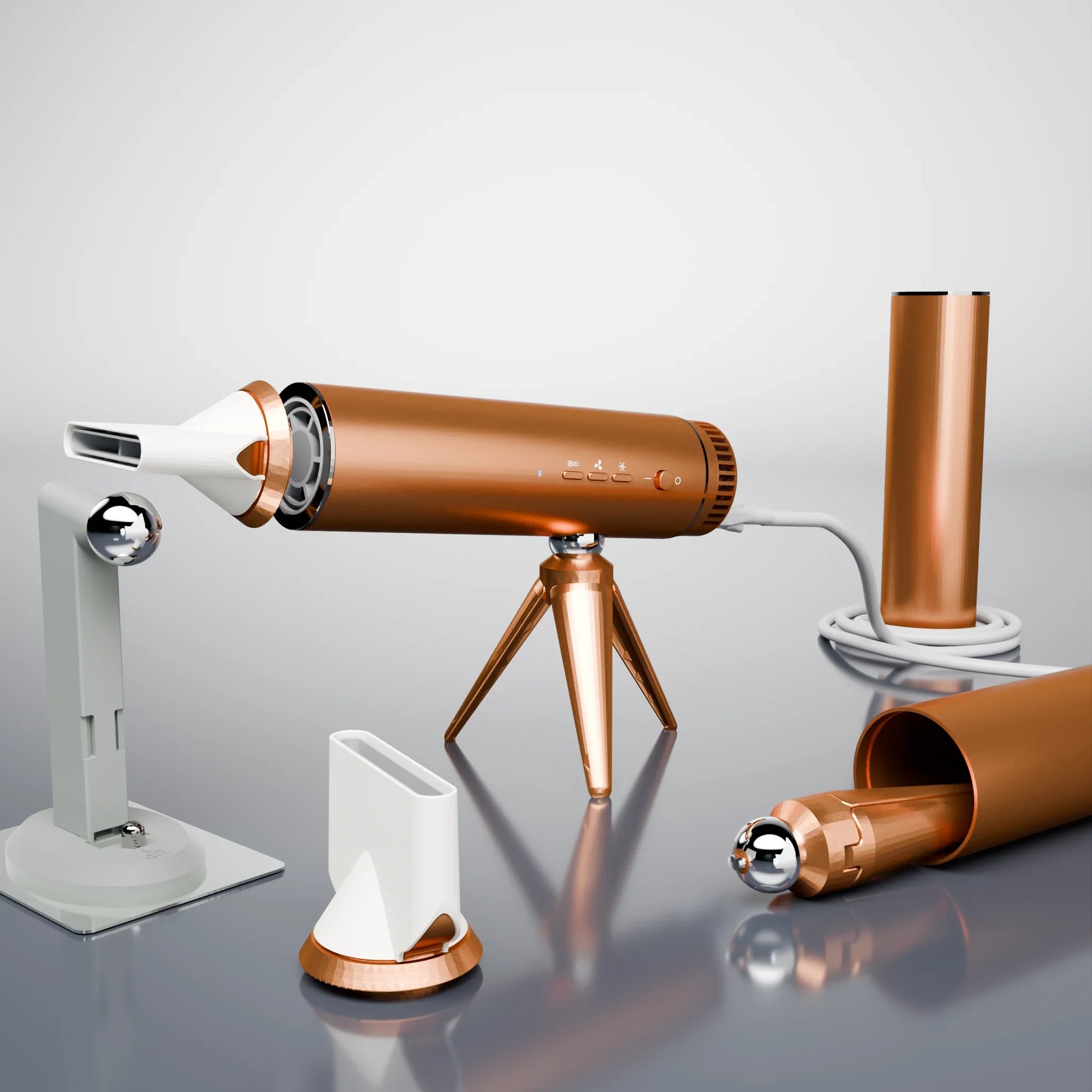 LeLunar Hands-Free Dryer Pro in Amber Gold with metal tripod