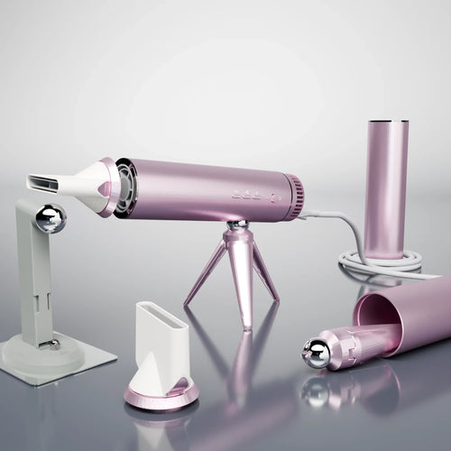 LeLunar Hands-Free Dryer Pro in Sunset Rose with metal tripod