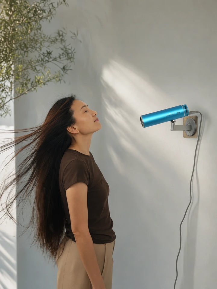 Ionic hands-free hair dryer with cool shot finishing a style