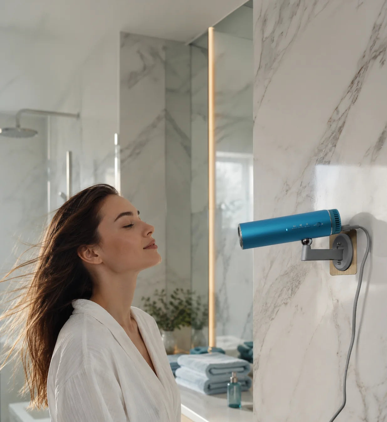 Bondi Blue hands free hair dryer in a marble bathroom