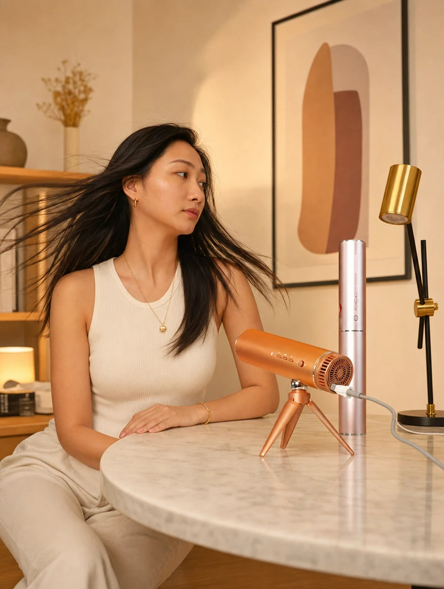 Amber Gold hands free hair dryer standing on its folding tripod