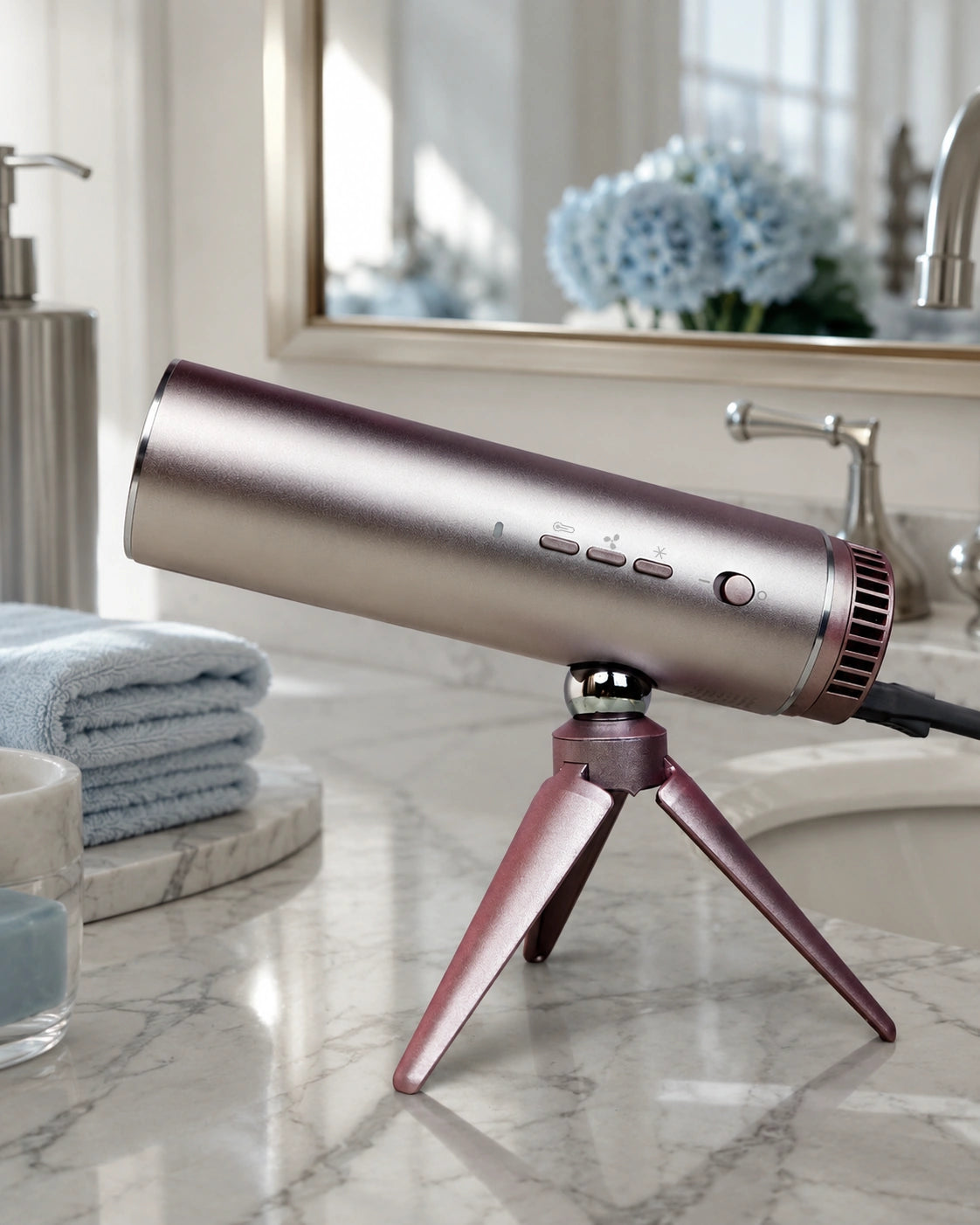 Sunset Rose hands free hair dryer on its tripod on a marble vanity