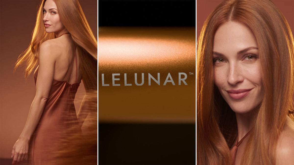 The LELUNAR HandsFreeDryer film: the model turns, the LELUNAR wordmark on the Gold barrel, her smile